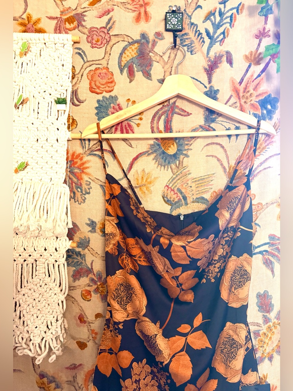 Lulu's Teal Satin Floral Cami Dress with Brown Roses and Details